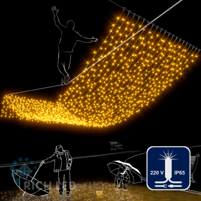Светодиодный занавес RichLed, 2*6 м, 220 В, мерцание, IP 65, герметичный колпачок, цвет желтый