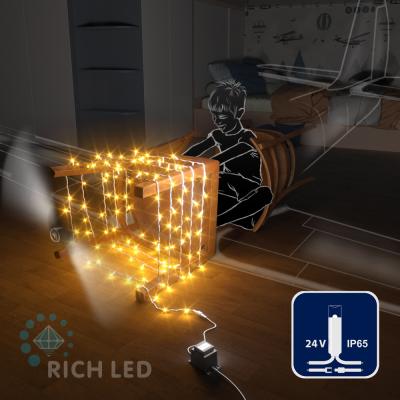 Светодиодные гирлянды RichLed Нить 10 м, 24 В, пост.свеч, IP 65, герм.колп, белый провод, желтый