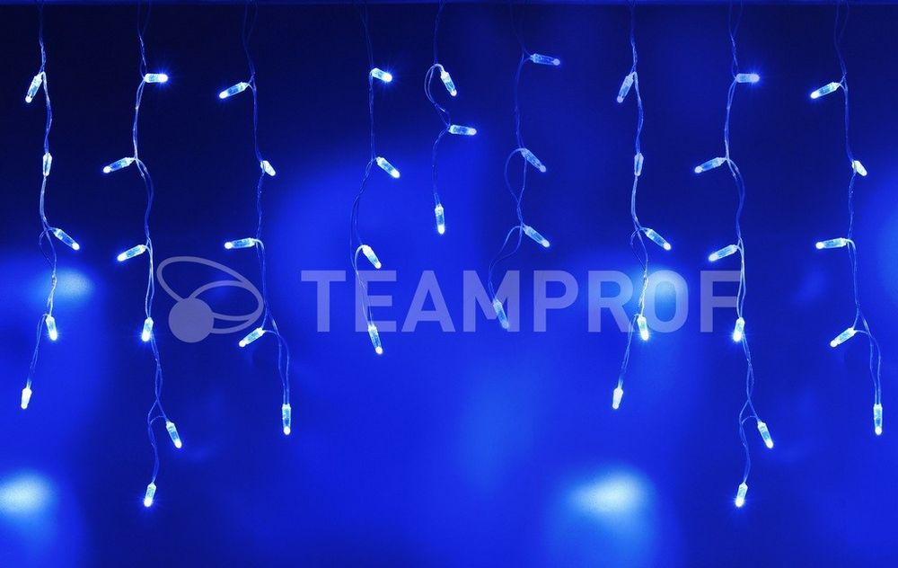 Светодиодная бахрома Teamprof 3х0.6м, IP65, герм.колп., статика, прозрачный провод, синяя Качественная картинка Светодиодная бахрома Teamprof 3х0.6м, IP65, герм.колп., статика, прозрачный провод, синяя