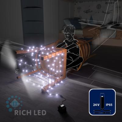 Светодиодные гирлянды RichLed Нить 10 м, 24 В, пост.свеч, IP 65, герм.колп, черный провод, белый