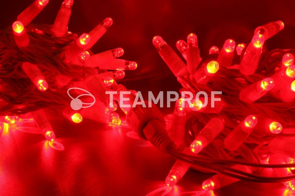 Качественная картинка Светодиодная гирлянда нить TeamProf 10 м, 100 LED, 220В, мерцание, белый пр, гермет колп., красный