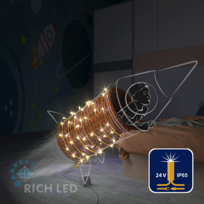 Светодиодные гирлянды RichLed Нить 10 м, 24 В, мерц, IP65, герм.колп, золотой провод, теплый белый