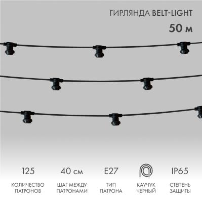 Белт-Лайт NEON-NIGHT 2 жилы, 50м, шаг 40см, 125 патронов E27, IP65, черный плоский провод каучук