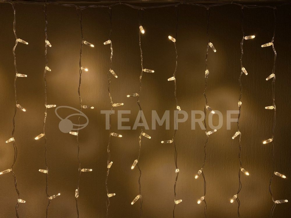 Качественная картинка Светодиодный занавес Teamprof 2х1.5м, мерцание, прозрачный провод, теплый белый