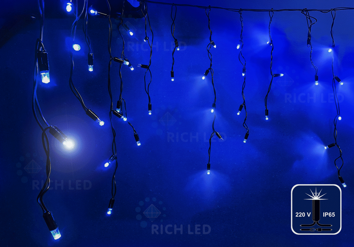 Качественная картинка Светодиодная бахрома Rich LED 3*0.5 м, мерцание, черный пр, IP 65, синий