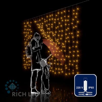 Светодиодный занавес RichLed, 2*1,5м, облег.прозр.пров, 220 В, пост.свеч, IP 65, герм.колп., желтый