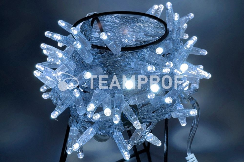 Светодиодная гирлянда нить Teamprof, 10м, 100 LED, 24В, статика, прозр. провод, герм.колп., белая Качественная картинка Светодиодная гирлянда нить Teamprof, 10м, 100 LED, 24В, статика, прозр. провод, герм.колп., белая