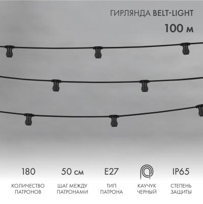 Белт-Лайт NEON-NIGHT 2 жилы, 100м, шаг 50см, 180 патронов E27, IP65, черный плоский провод каучук