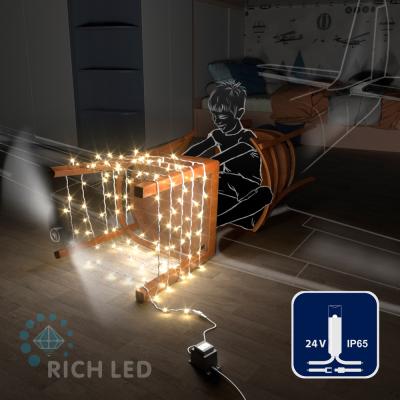Светодиодные гирлянды RichLed Нить 10 м, 24 В, пост. свеч, IP 65, герм.колп, белый провод, теп.белый