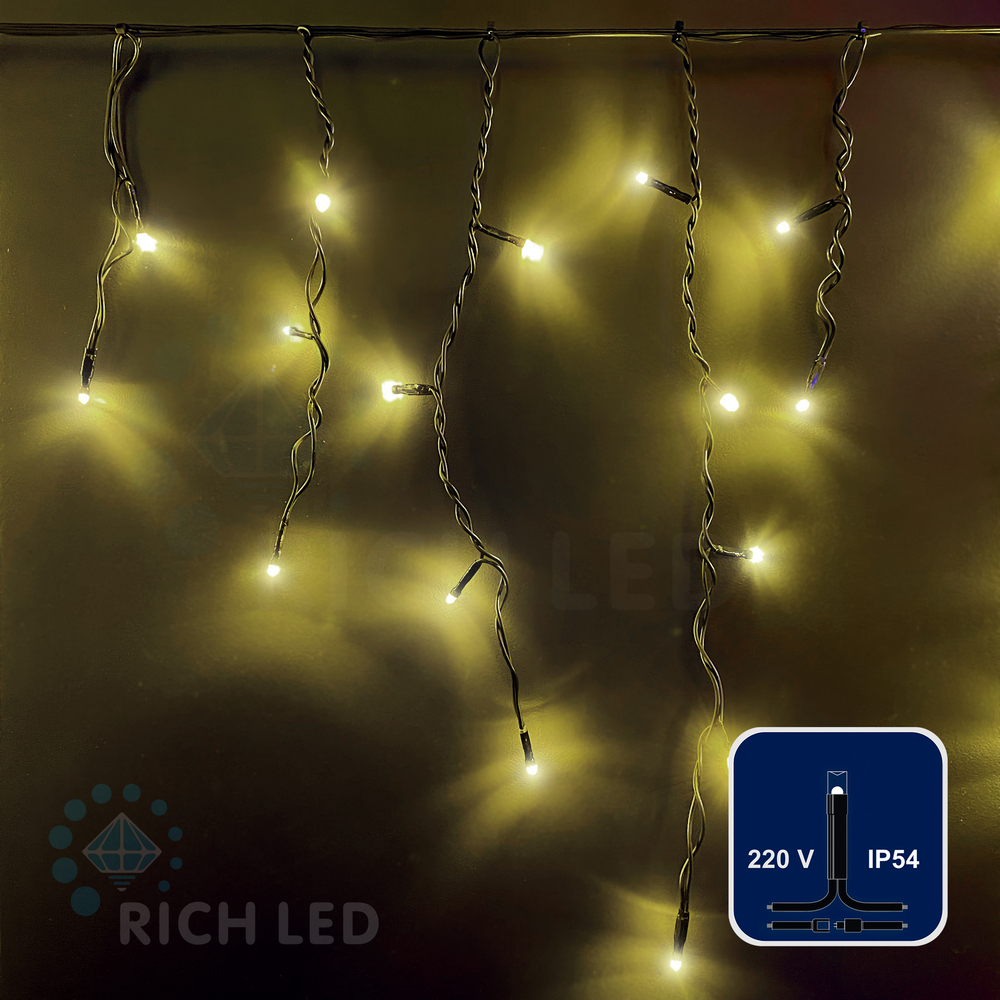 Качественная картинка Светодиодная бахрома Rich LED 3*0,5 м, 220 В, постоянное свечение, цвет теплый белый, черный провод