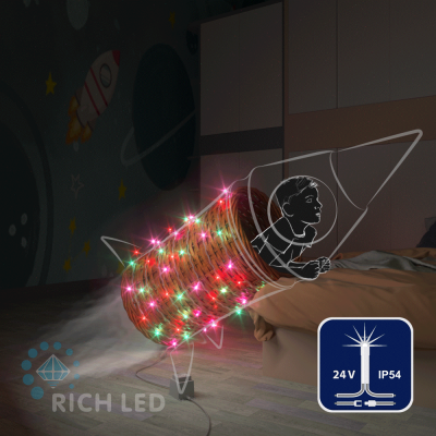 Светодиодная гирлянда Rich LED Нить 10 м, 24В, мерц. прозр.пров., IP54, красный, зеленый, розовый