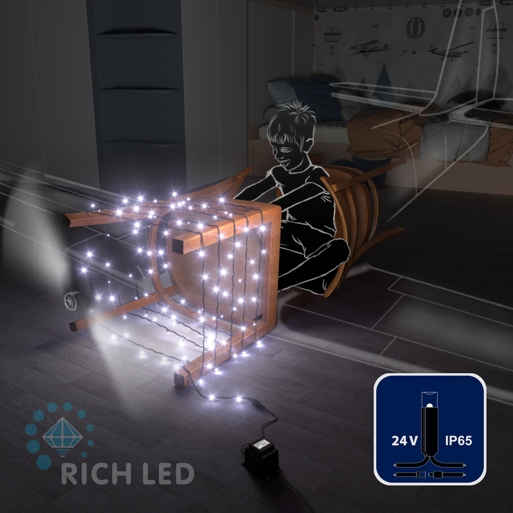 Светодиодные гирлянды RichLed Нить 10 м, 24 В, пост.свеч, IP 65, герм.колп, черный провод, белый Качественная картинка Светодиодные гирлянды RichLed Нить 10 м, 24 В, пост.свеч, IP 65, герм.колп, черный провод, белый