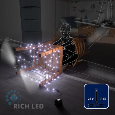 Светодиодные гирлянды RichLed Нить 10 м, 24 В, IP54, пост. свеч, черный провод, цвет белый