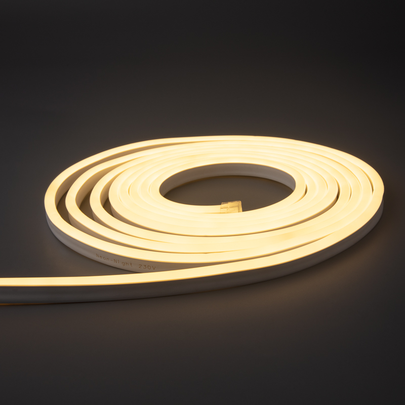 Качественная картинка Гибкий неон NEON-NIGHT SMD (8х16 мм) односторонний теплый белый, 120 LED/м, 10 м с комплектом подклю