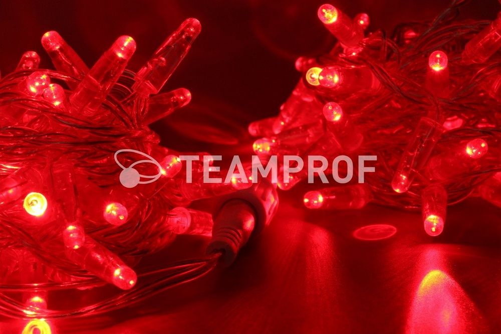 Качественная картинка Светодиодная гирлянда нитьTeamProf 10м, 100 LED, 220В, мерцание, прозр. провод, герм.колп., красный