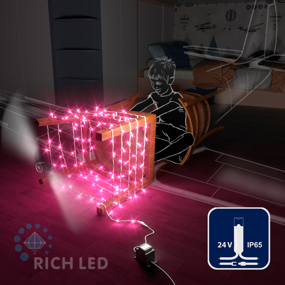 Светодиодные гирлянды RichLed Нить 10 м, 24 В, пост.свеч, IP 65, герм. колп, белый провод, розовый Качественная картинка Светодиодные гирлянды RichLed Нить 10 м, 24 В, пост.свеч, IP 65, герм. колп, белый провод, розовый