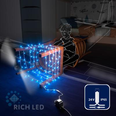 Светодиодные гирлянды RichLed Нить 10 м, 24 В, пост.свеч., IP 65, герм.колп, белый провод, синий
