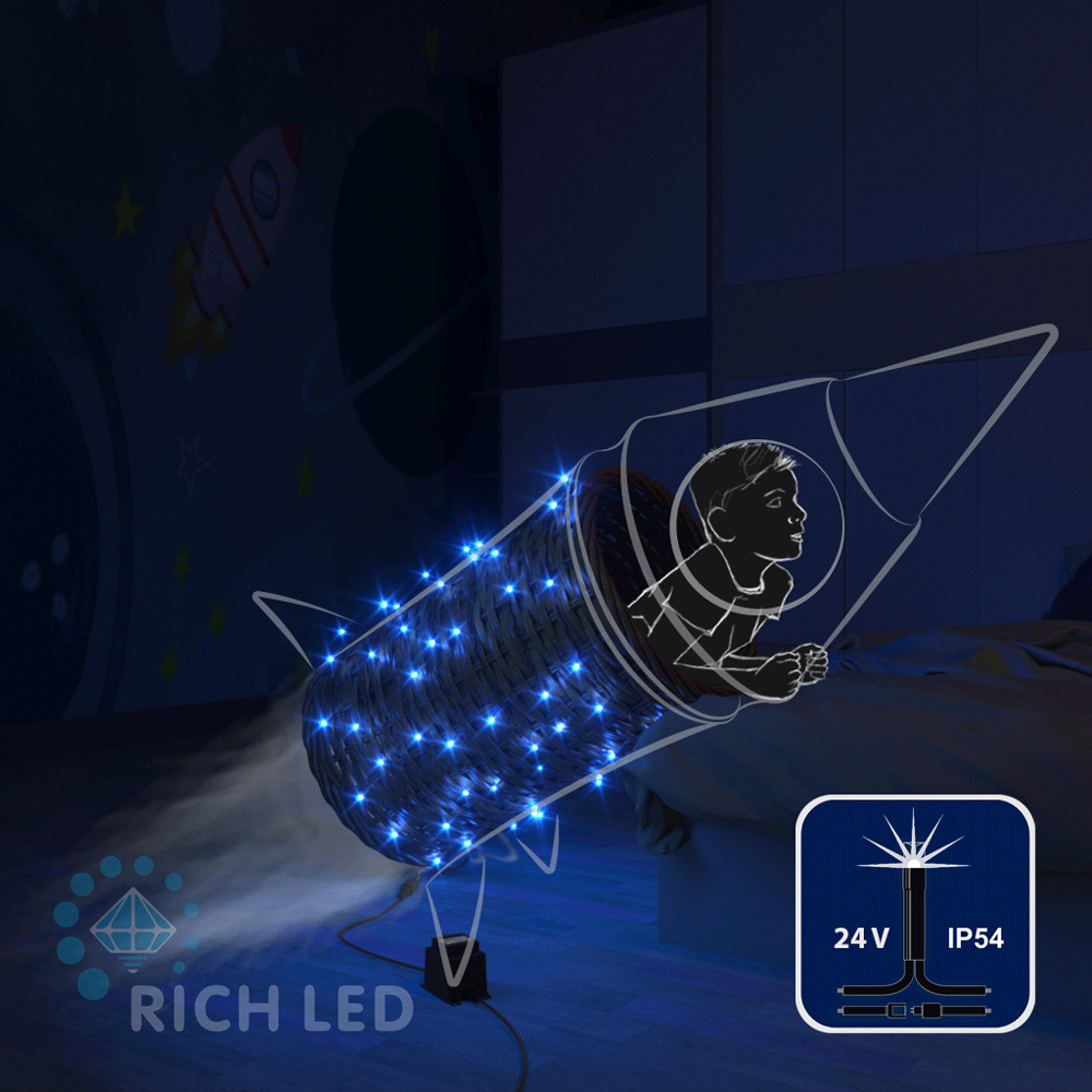 Светодиодные гирлянды RichLed Нить 10 м, 24 В, мерцание, черн.провод, цвет синий Качественная картинка Светодиодные гирлянды RichLed Нить 10 м, 24 В, мерцание, черн.провод, цвет синий