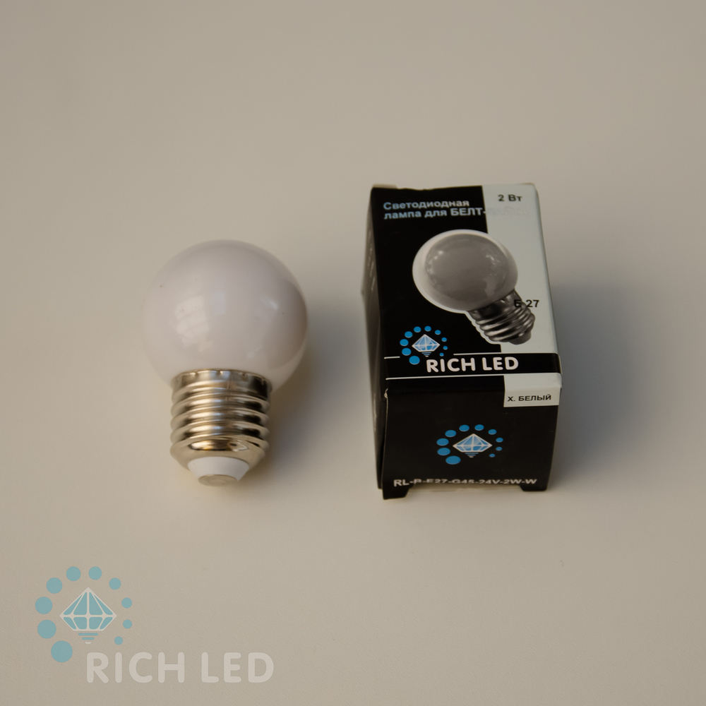 Качественная картинка Светодиодная лампа для Белт-лайта Rich LED, 24В, 2 Вт, d=45 мм, белая, RL-B-E27-G45-24V-2W-W