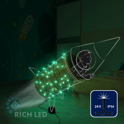 Светодиодные гирлянды RichLed Нить 10 м, 24 В, мерц, черн.провод, цвет зеленый