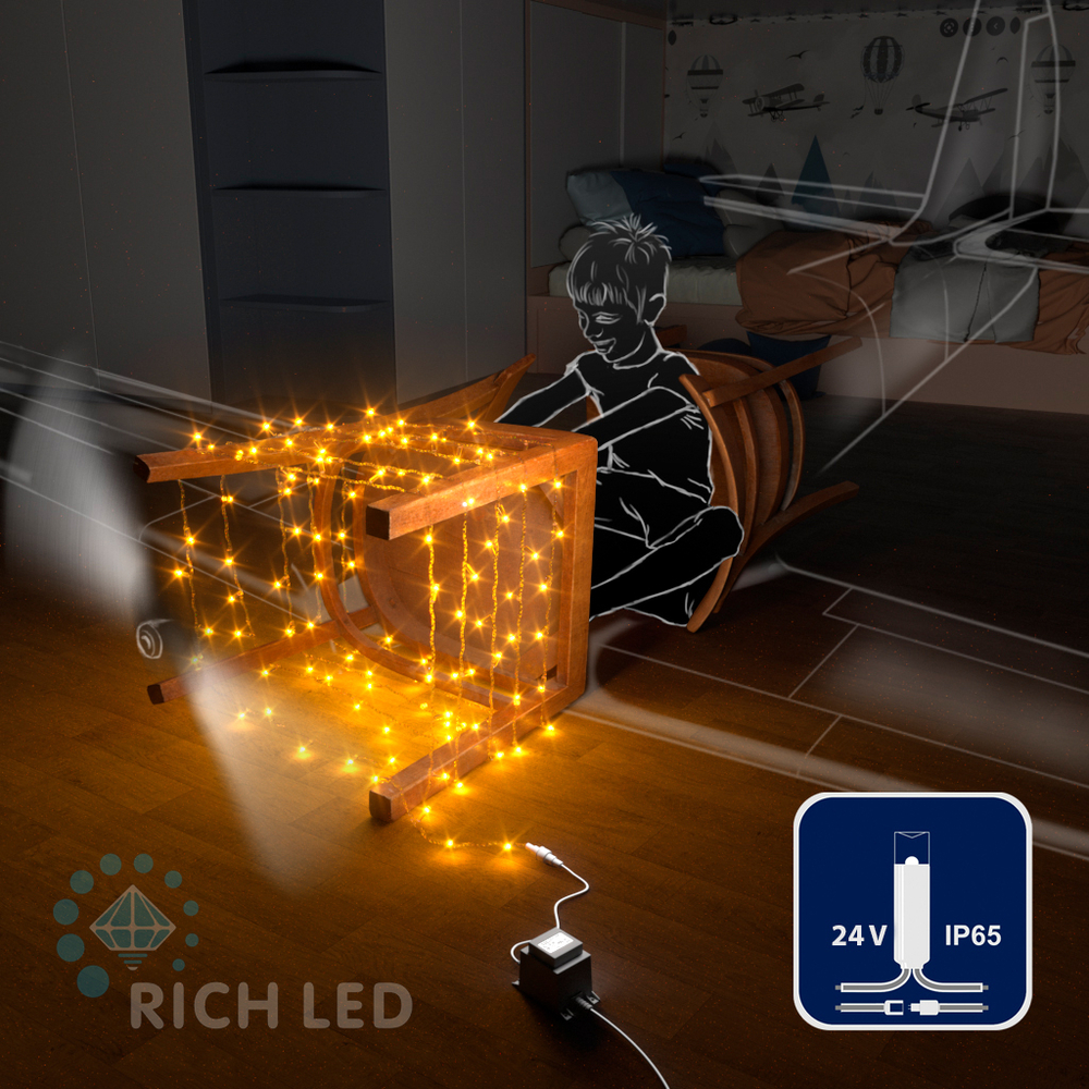 Светодиодные гирлянды RichLed Нить 10 м, 24 В, пост.свеч, IP 65, герм.колп, прозр.провод, желтый Качественная картинка Светодиодные гирлянды RichLed Нить 10 м, 24 В, пост.свеч, IP 65, герм.колп, прозр.провод, желтый