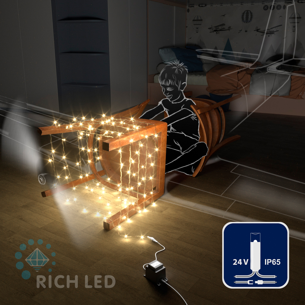 Светодиодные гирлянды RichLed Нить 10 м, 24 В, пост.свеч, IP 65, герм. колп, прозр.провод, теп.белый Качественная картинка Светодиодные гирлянды RichLed Нить 10 м, 24 В, пост.свеч, IP 65, герм. колп, прозр.провод, теп.белый
