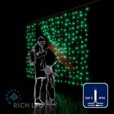Светодиодный занавес RichLed, 2*1,5 м облегченный, 220 В, пост. свечение, IP54, цвет зеленый