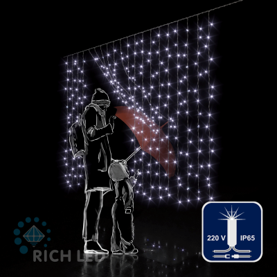 Светодиодный занавес RichLed, 2*1,5 м облег.прозр.пров, 220 В, мерцание, IP 65, герм.колпачок, белый