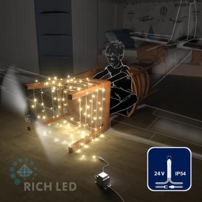 Светодиодные гирлянды RichLed Нить 10 м, 24 В, пост.свеч, прозр.провод, цвет теплый белый