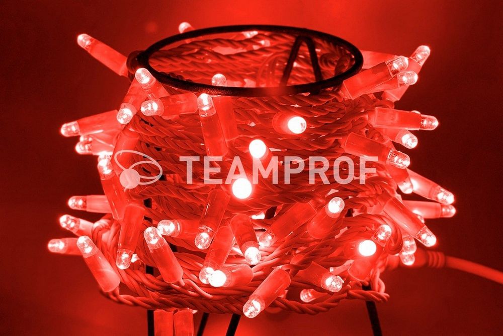 Качественная картинка Светодиодная гирлянда нить Teamprof 10м, 100 LED, 24В, статика, белый провод, герм.колп., красная
