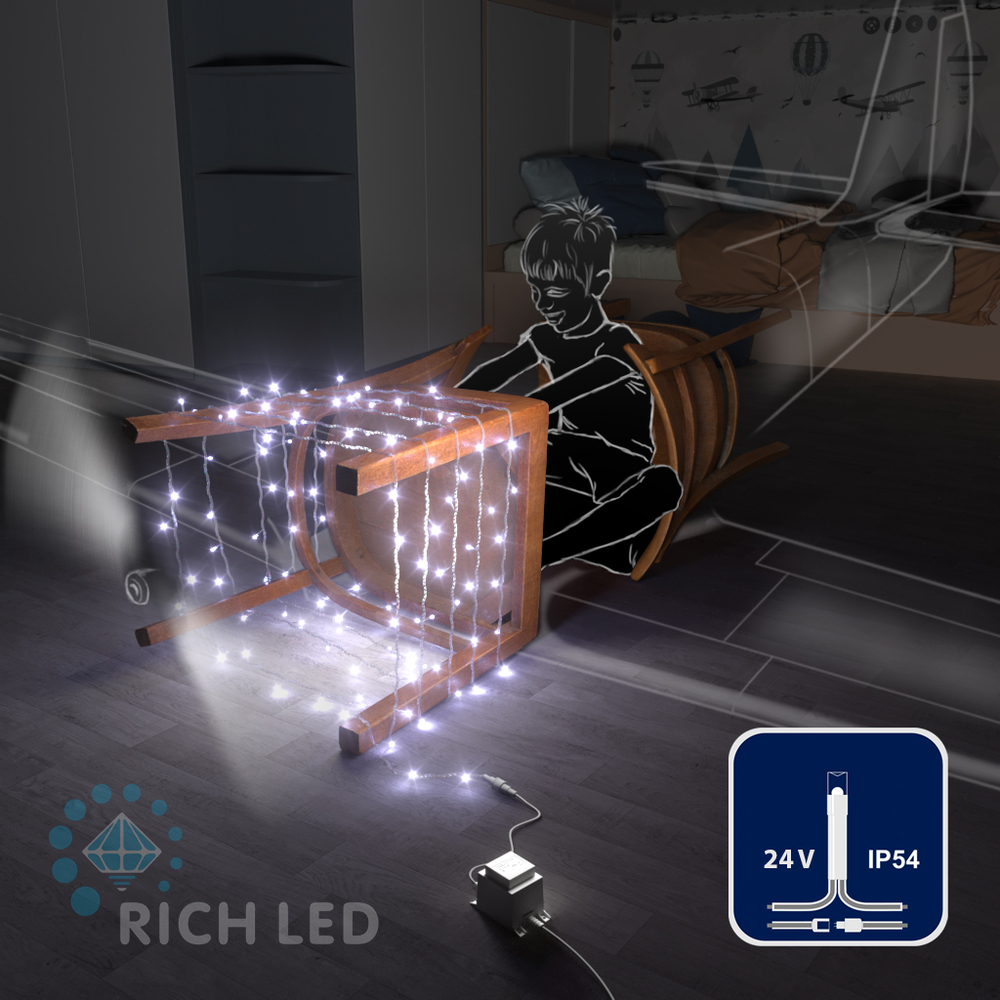 Светодиодные гирлянды RichLed Нить 10 м, 24 В, пост.свеч, прозр.провод, цвет белый Качественная картинка Светодиодные гирлянды RichLed Нить 10 м, 24 В, пост.свеч, прозр.провод, цвет белый