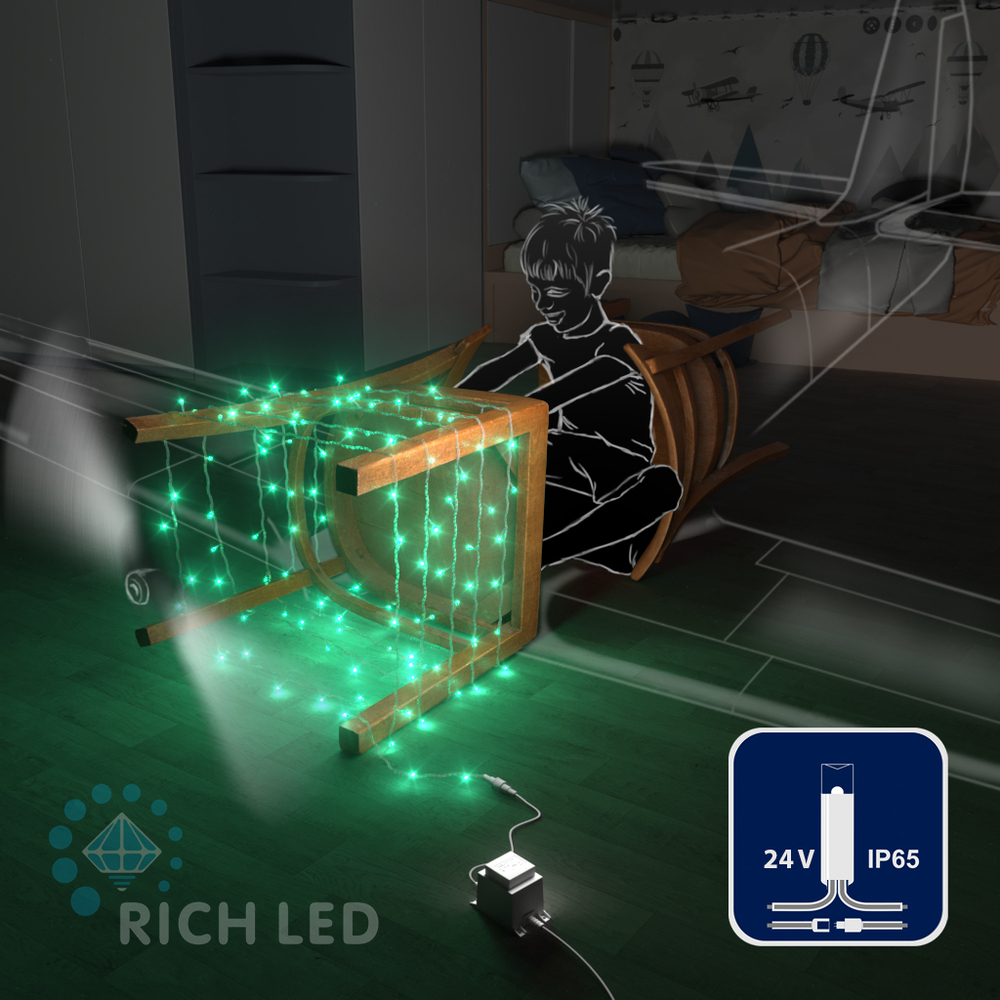 Светодиодные гирлянды RichLed Нить 10 м, 24 В, пост.свеч, IP 65, герм. колп, прозр.провод, зеленый Качественная картинка Светодиодные гирлянды RichLed Нить 10 м, 24 В, пост.свеч, IP 65, герм. колп, прозр.провод, зеленый