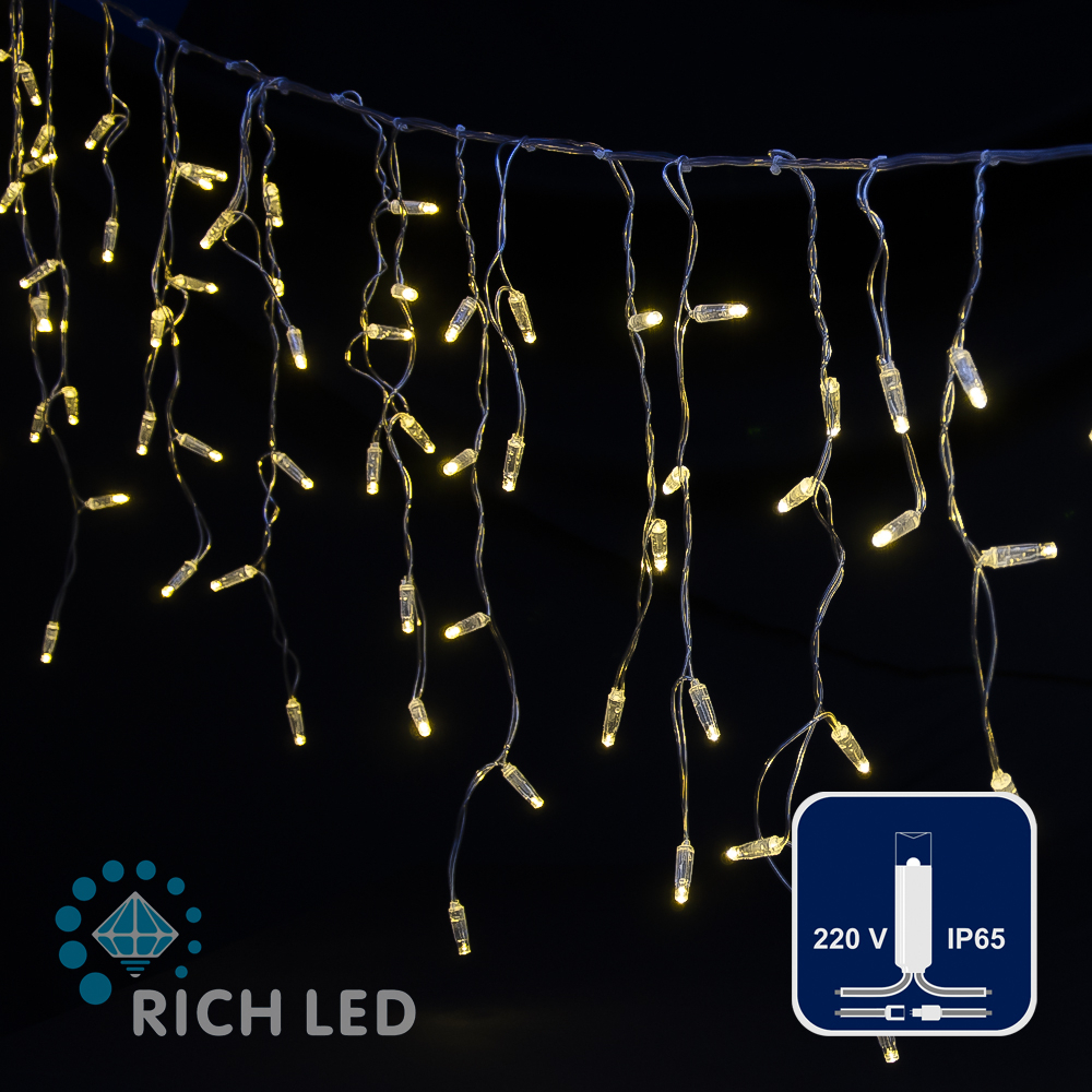 Светодиодная бахрома Rich LED 3*0,5 м, 220 В, пост. свечение, IP 65, герм. колпачок, цвет т. белый Качественная картинка Светодиодная бахрома Rich LED 3*0,5 м, 220 В, пост. свечение, IP 65, герм. колпачок, цвет т. белый