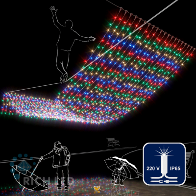Светодиодный занавес RichLed, 2*6 м, 220 В, мерцание, IP 65, герметичный колпачок, мульти цвет