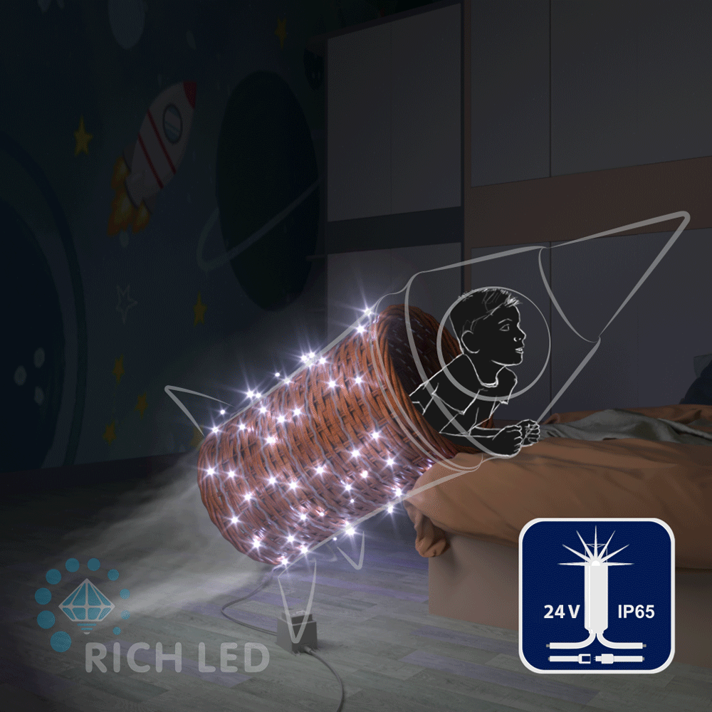 Светодиодные гирлянды RichLed Нить 10 м, 24 В, мерц, IP 65, герм. колп, белый провод, белый Качественная картинка Светодиодные гирлянды RichLed Нить 10 м, 24 В, мерц, IP 65, герм. колп, белый провод, белый
