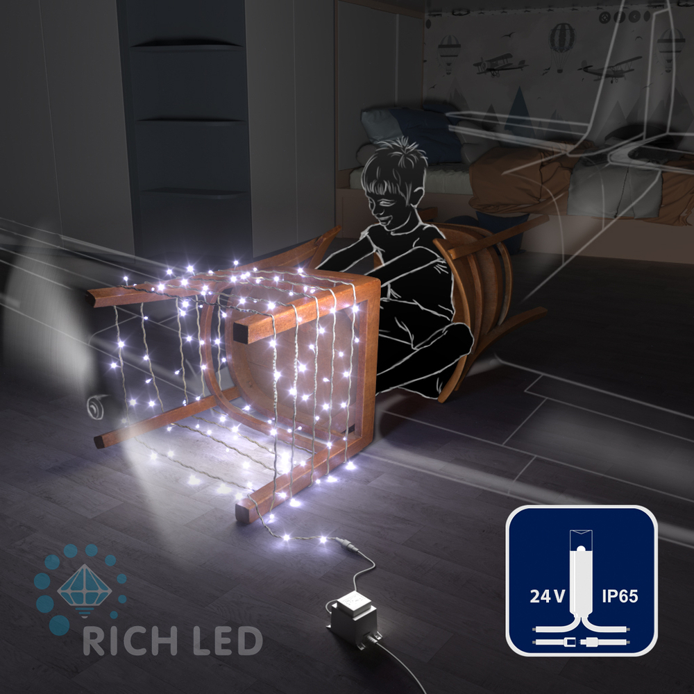 Светодиодные гирлянды RichLed Нить 10 м, 24 В, пост.свеч, IP 65, герм.колп, белый провод, белый Качественная картинка Светодиодные гирлянды RichLed Нить 10 м, 24 В, пост.свеч, IP 65, герм.колп, белый провод, белый