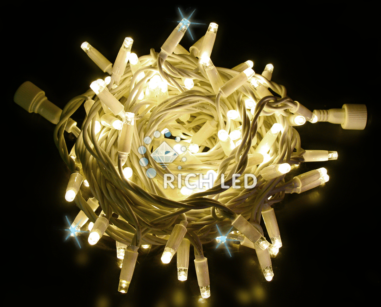 Светодиодные гирлянды RichLed Нить 10 м, 220 В, мерц, IP 65, герм.колпачок, белый пров, теплый белый Качественная картинка Светодиодные гирлянды RichLed Нить 10 м, 220 В, мерц, IP 65, герм.колпачок, белый пров, теплый белый