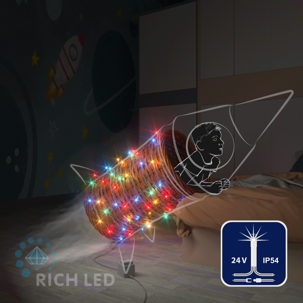 Светодиодные гирлянды RichLed Нить 10 м, 24 В, мерцание, прозр.провод, мульти цвет Качественная картинка Светодиодные гирлянды RichLed Нить 10 м, 24 В, мерцание, прозр.провод, мульти цвет