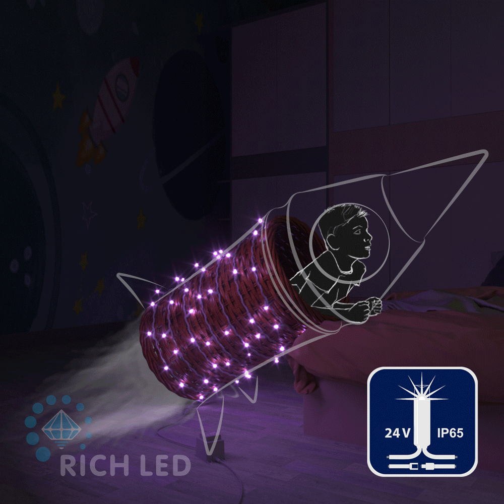 Светодиодные гирлянды RichLed Нить 10 м, 24 В, мерцание, IP65, герм.колп, белый провод, фиолетовый Качественная картинка Светодиодные гирлянды RichLed Нить 10 м, 24 В, мерцание, IP65, герм.колп, белый провод, фиолетовый